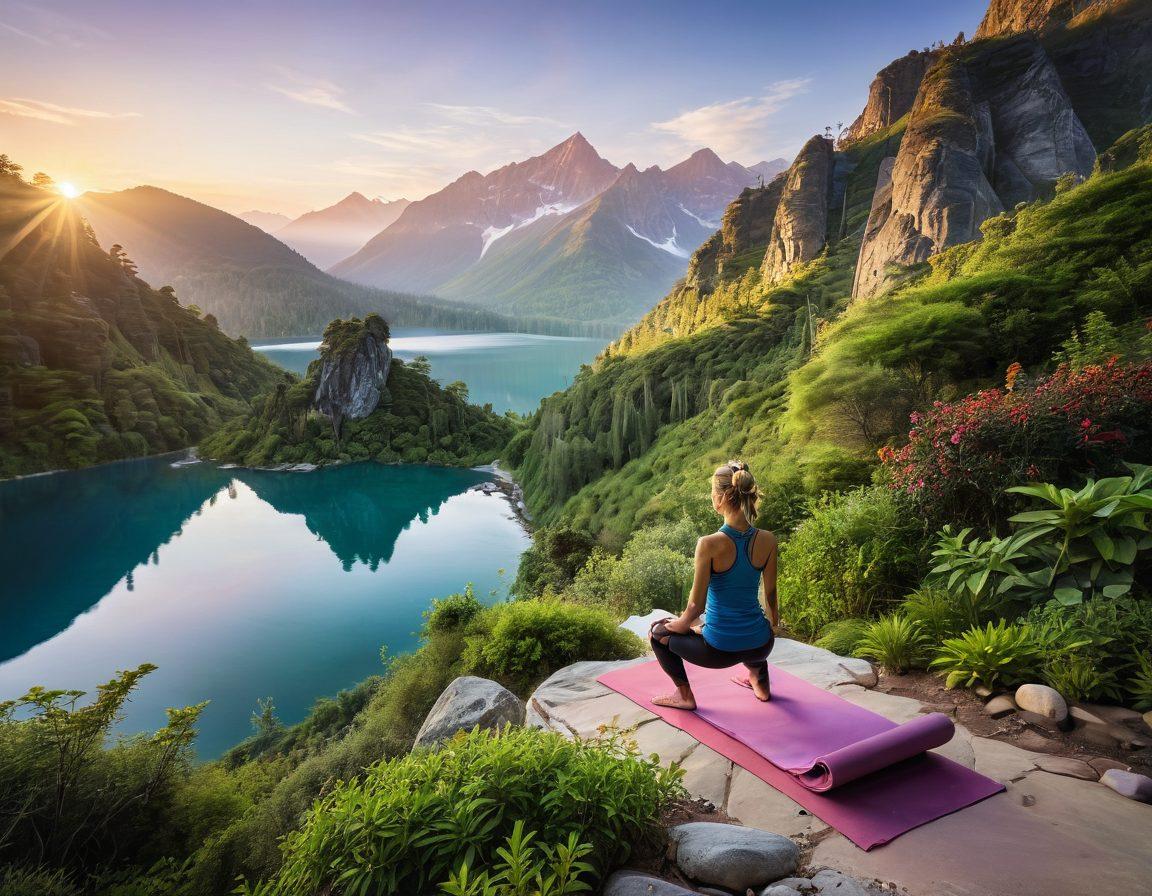 A serene landscape featuring a picturesque mountain range under a sunrise, where a person is practicing yoga on a cliff edge, surrounded by lush greenery. In the foreground, a winding path leads towards a tranquil lake, embodying adventure and wellness. Incorporate diverse individuals engaging in various activities like hiking, meditation, and reading self-improvement books, symbolizing personal growth. Soft pastel colors and a dreamy atmosphere enhance the tranquil and adventurous theme. vibrant colors. super-realistic.