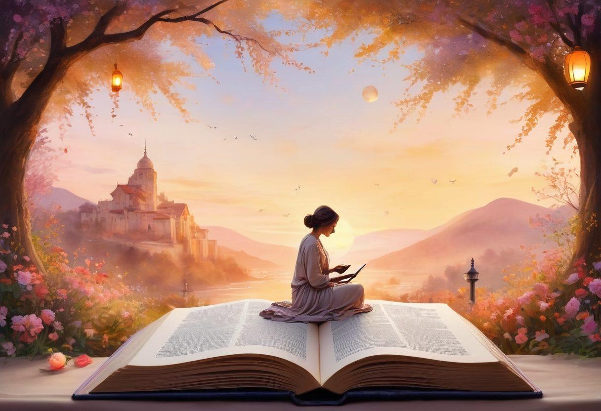 A majestic open journal with swirling pages, surrounded by blooming flowers and glowing lanterns that represent ideas and self-discovery. Silhouettes of a person writing are softly illuminated in golden light, symbolizing the journey of introspection and creativity. A tranquil, dreamy background with soft pastel colors enhances the theme of revitalization. delicate watercolor. serene atmosphere. floral motifs.