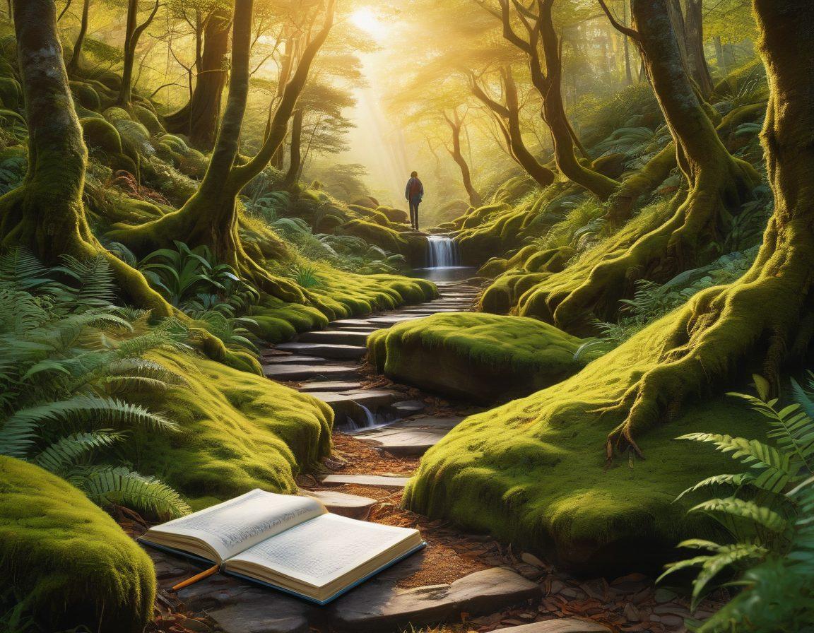 A serene landscape with a winding path leading through a lush forest, symbolizing a journey of self-discovery. An open notebook and fountain pen placed on a mossy rock, inviting creativity and reflection. Soft, golden sunlight filtering through the leaves, creating an atmosphere of peace and inspiration. A silhouette of a person walking on the path, embodying the spirit of exploration and growth. vibrant colors. super-realistic.